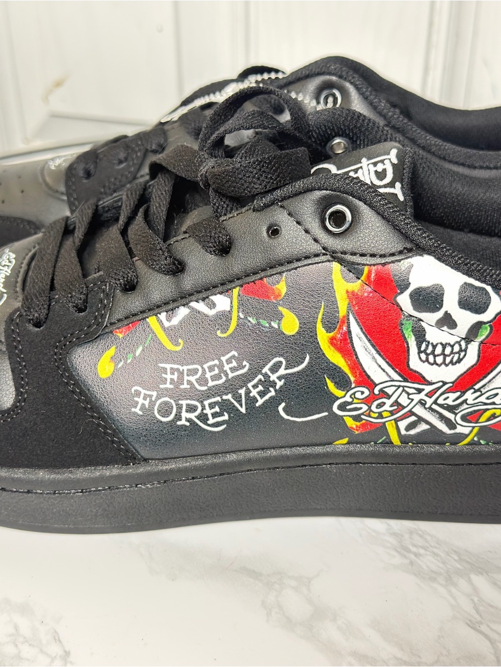 Ed Hardy Free Forever Court-T Low Top Black Sneakers Y2K Tattoo Graphic 10.5 NWB